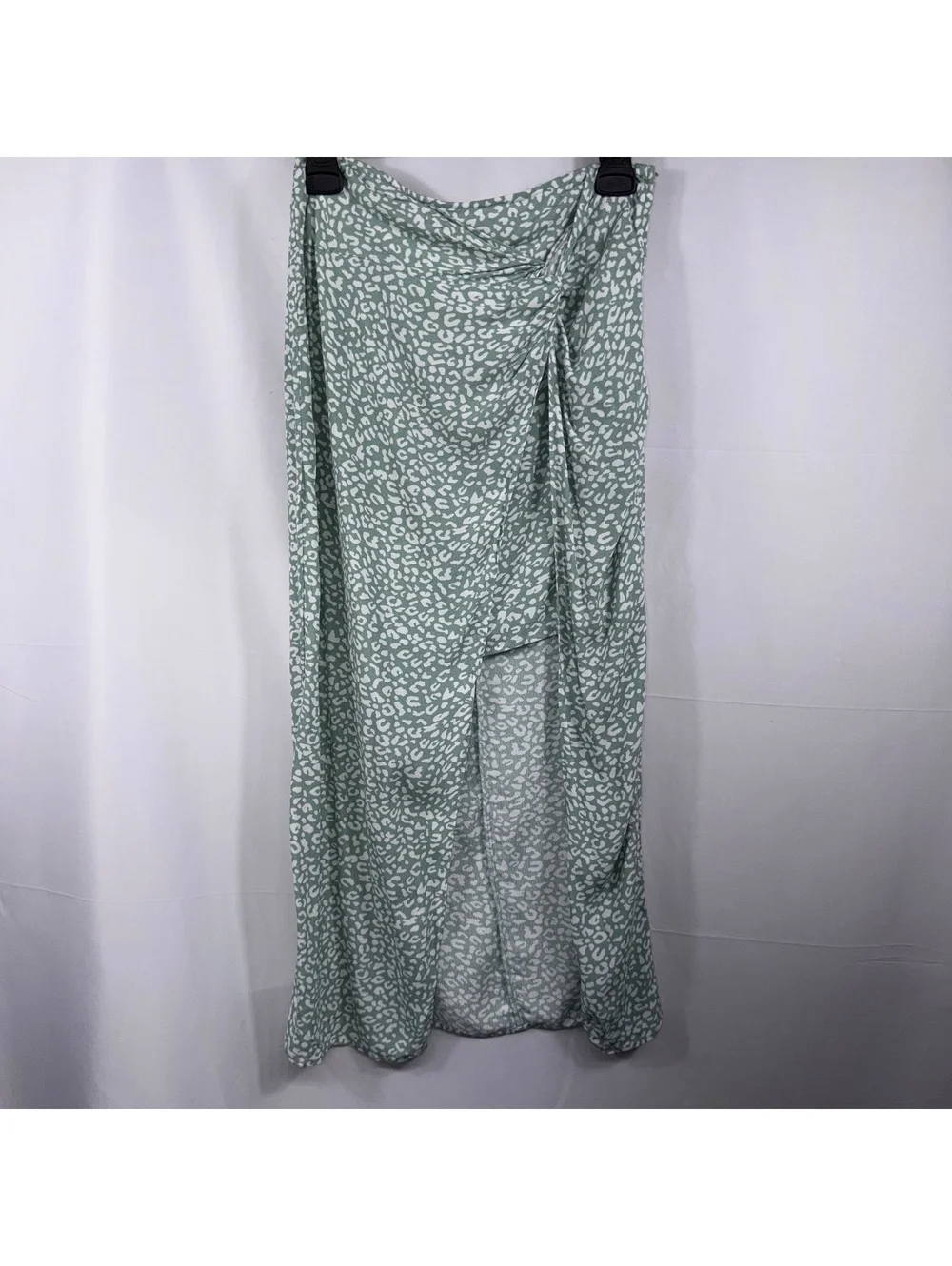 Blue Rain Women’s Small Sage Green Animal Print Wrap Maxi Skirt High Slit